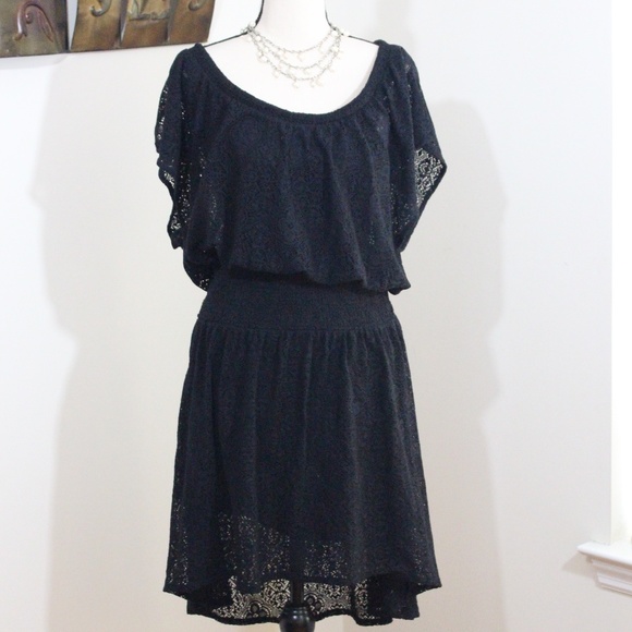 Leifnotes , Anthropologie Black Smocked Waist Hi Lo Scoop Neck Lace Dress Size M - Picture 1 of 11